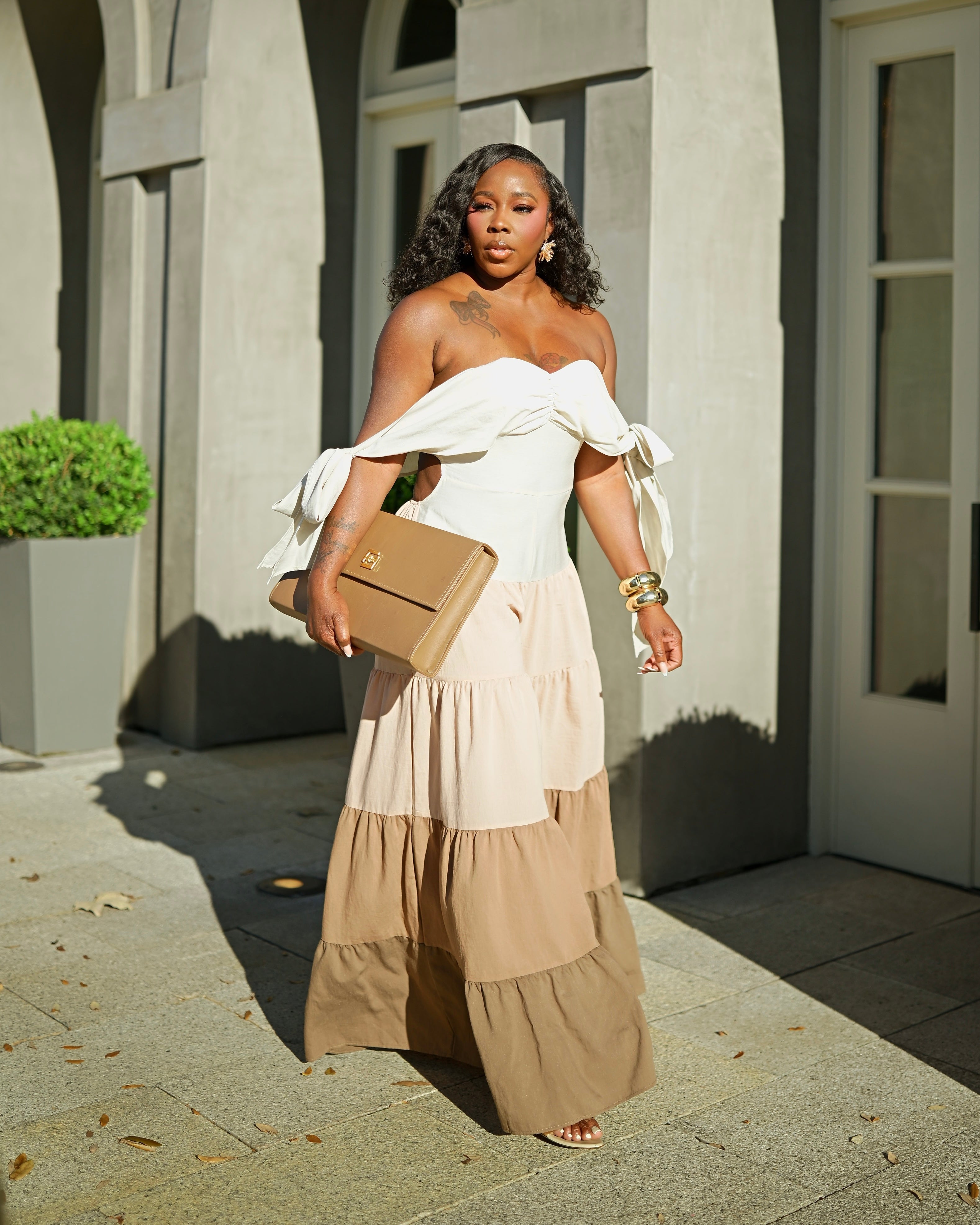 Off Shoulder Tiered Wide Leg Jumpsuit Adjustable Tie Sleeve