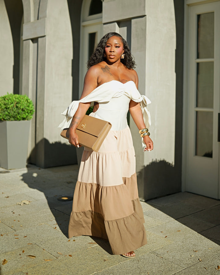 off shoulder tiered dress Off Shoulder Tiered Wide Leg Jumpsuit Adjustable Tie Sleeve Jumpsuit Small / Brown/Multi