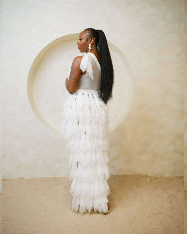 LOOK 686 RUFFLE TULLE HI LO GOWN