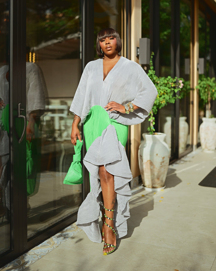 flowing green dress Pleated Ruffle Maxi Salmon Niçoise Material:Velvet/Lace/Appliques/Trims/Crystals PROM EXPLORE All Prom Dresses a romantic satin dress