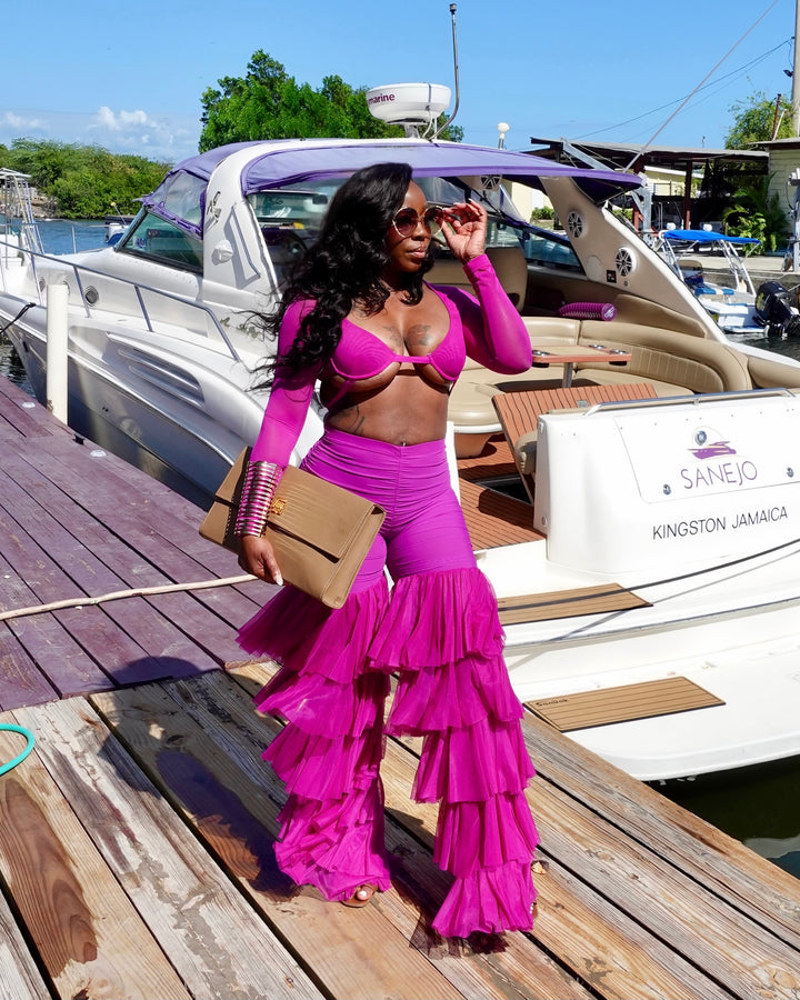 ​Magenta 2-Piece Ruffle Pants Set for Women