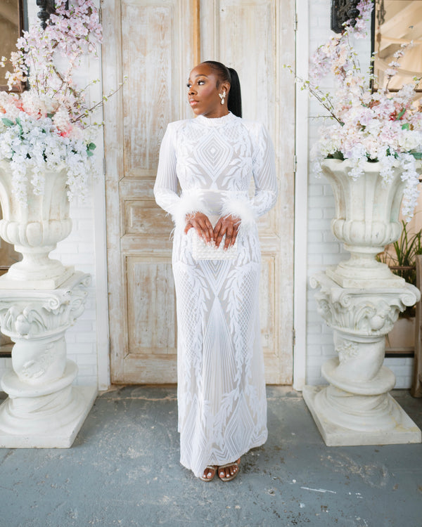 LOOK 866 SEQUIN GOWN WITH FEATHER TRIM