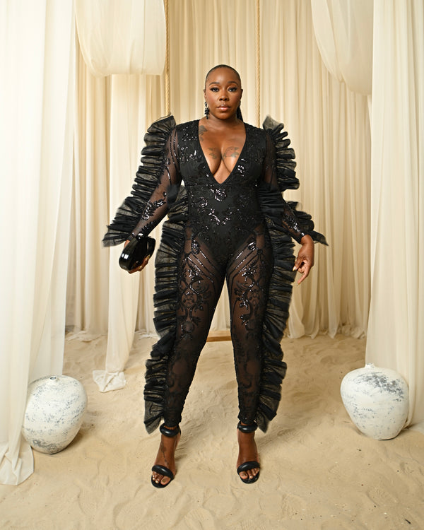 LOOK 1163 SEQUIN JUMPSUIT WITH RUFFLE SIDES