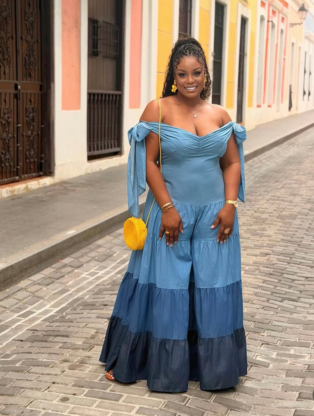 Off Shoulder Tiered Wide Leg Jumpsuit Adjustable Tie Sleeve
