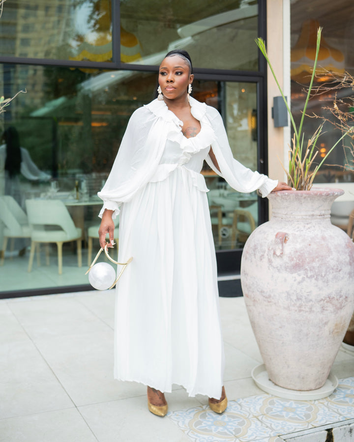 white maxi dress with ruffles Santiago Cut-Out Ruffle Elastic waist. Gabriella Ivory Hi-Lo Tiered Ruffles