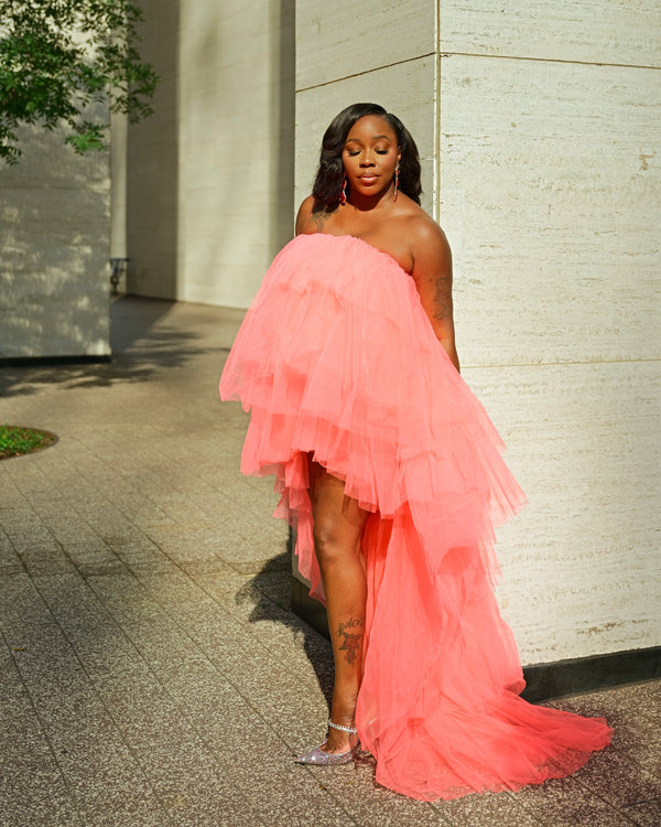 LOOK 1101 TULLE GOWN  WITH HI LOW DETAILS