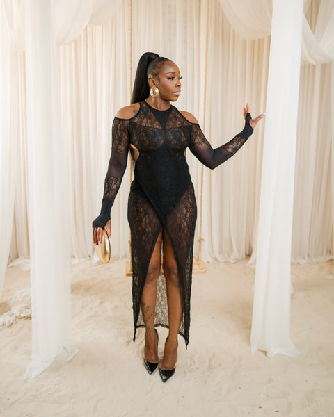 the clothing company lace dress LOOK 620 LACE DRESS WITH FRONT SLIT – SOIGNEE BY SHANA COLE