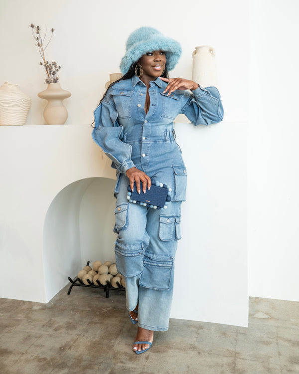 LOOK 1002 LONG SLEEVE DENIM JUMPSUIT WITH DRAMA SLEEVES | PRE-ORDER