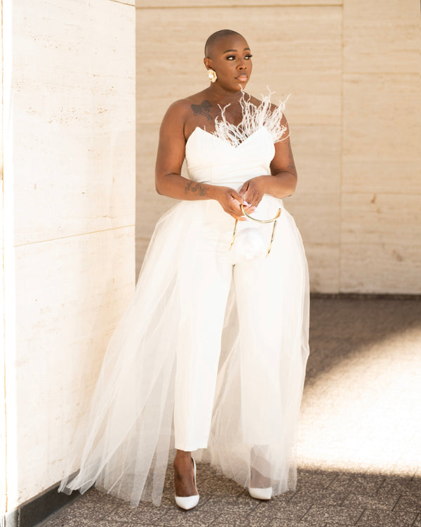 LOOK 848 JUMPSUIT WITH FEATHER AND TULLE SKIRT