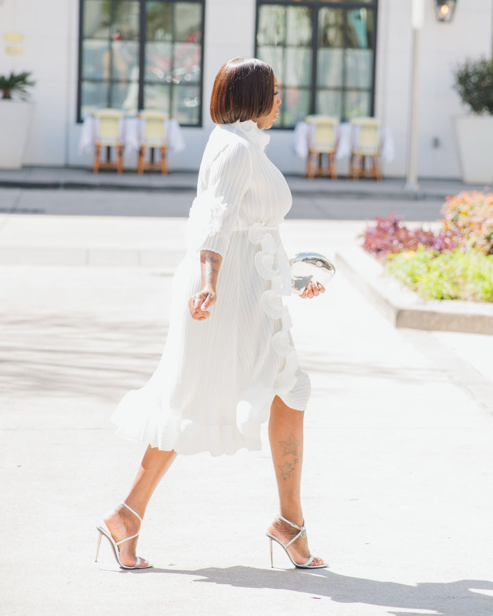 Elegant Ivory Midi Pleated Dress with Ruffles Pre-Order Now Elegant Ivory Midi Pleated Dress with Ruffles Pre-Order Now