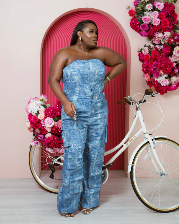 LOOK 896 DENIM PRINT CARGO JUMPSUIT