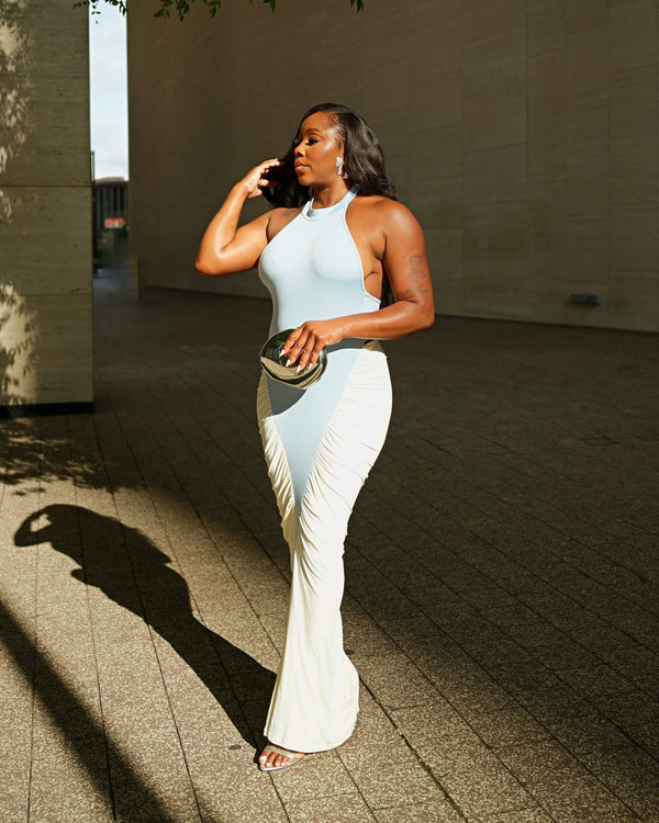 LOOK 1174 RUCHED MAXI DRESS WITH FRONT SLIT