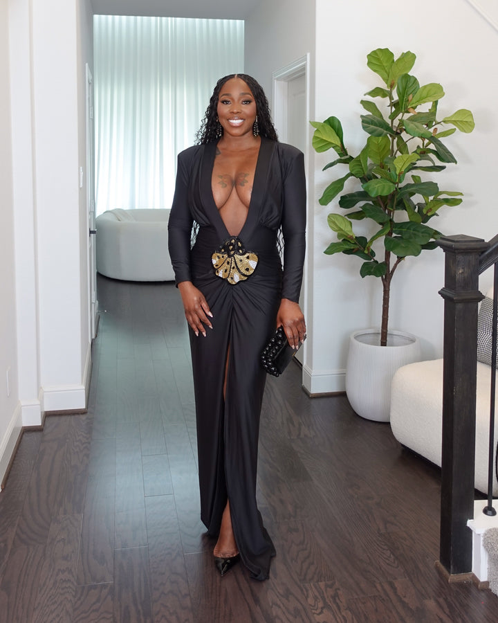 Look 1152 Deep Plunge Ruched Evening Gown with Statement Waist Detail