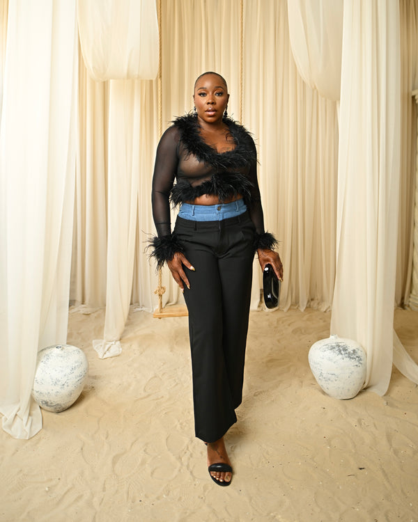 LOOK 1166 DENIM MIX DOUBLE WAIST PANTS