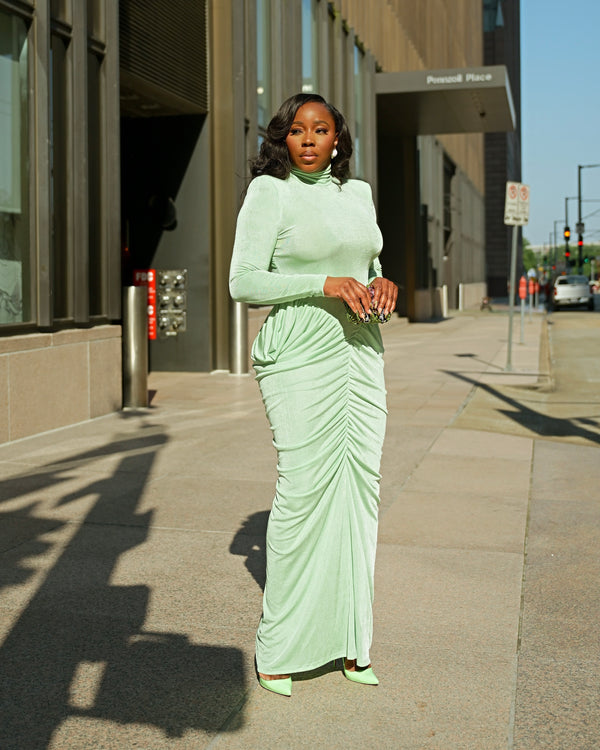 LOOK 1173 MAXI GOWN WITH HIGH NECK & PADDED SHOULDERS | PRE-ORDER